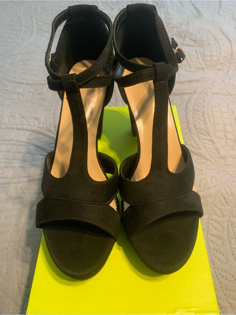 Black T-Strap Suede Women's Heels